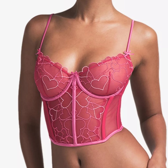 SKIMS Other - Pink Heart-Embroidered Sheer Longline Bralette